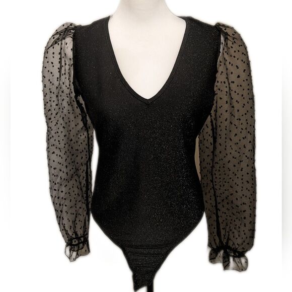 Evolutionary v-neck sparkle black bodysuit with sheer polka dot sleeves L - Picture 1 of 8